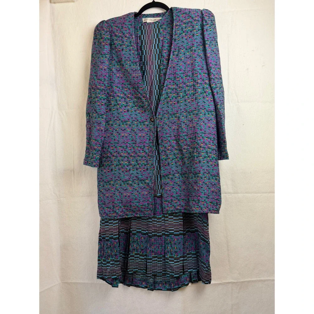 Rare UMI Collections Anne Crimmins Silk 2 Piece Set Dress Blazer Purple Teal 8